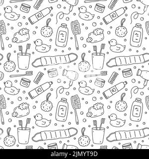 Nahtloses Muster mit Badaccessoires - Shampoo, Gummiente, Loofa, Seife, Creme, Haartrockner, Zahnbürste. Handgezeichnete Vektorgrafik Stock Vektor