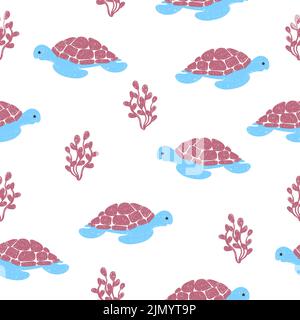 Nahtloses Baby-Muster mit niedlichen Doodle-Schildkröten und Algen. Stock Vektor