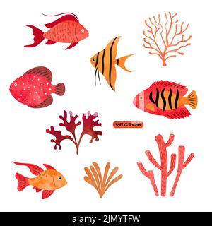 Vektorset für tropische Fische. Korallenriff Aquarell Sammlung von Meeresfischen, Algen und Korallen. Stock Vektor