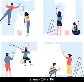 Wandmalerei im Haus. Menschen zu Hause dekorieren mit Farbe, Renovierung Wohnung und Wohnungen. Professionelle Maler, Reparaturarbeiter aktuelle Vektorszenen Stock Vektor
