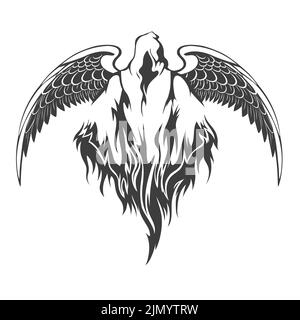 Tattoo of Angel of Death mit Vogelflügeln isoliert auf weißem Vektor-Illustration. Stock Vektor