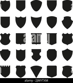 Schwarze Schildsilhouetten. Schilde Auszeichnungen Silhouette, Ritter Emblem Logo. Schutzpatch, militärische Sicherheit oder Versicherungssymbole. Polizeiarmee oder Stock Vektor