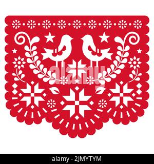 Weihnachtspapel Picado Vektor-Design mit Schneeflocken und Vögeln, mexikanische Winterpapier Ausschnitt Dekoration in rot Stock Vektor