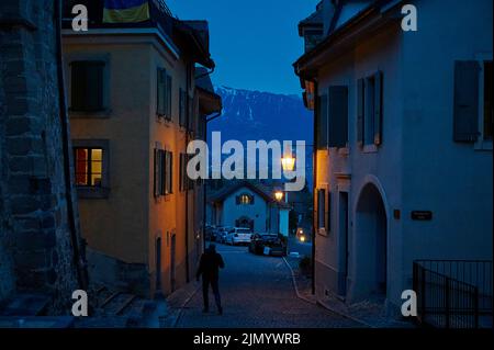 Die Landschaft von Saint-Saphorin bei Nacht. Das Dorf liegt im Schweizer Kanton Waadt, am Ufer des Genfer Sees (Lac Leman), im Bezirk Stockfoto