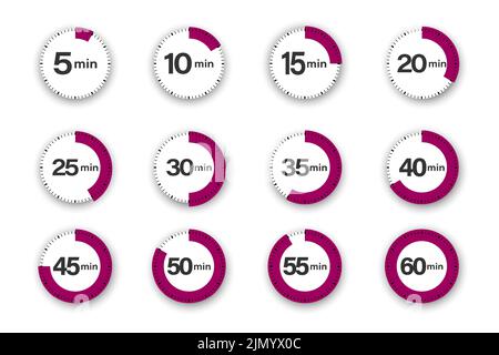 Satz von Timern. 5, 10, 15, 20, 25, 30, 35, 40, 45, 50, 55 und 60 Minuten. Countdown-Timer-Symbole eingestellt. Isolierte Vektordarstellung. Stock Vektor