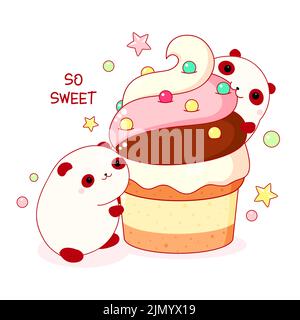 Niedliche Tiere im Kawaii-Stil. Zwei lustige dicke Pandas mit Cupcake. Inschrift so süß. Kann für T-Shirt-Print, Aufkleber, Grußkarten-Design verwendet werden. Stock Vektor