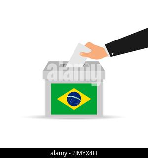 Brasilianisches Wahlkonzept. Hand legen Papier in die Wahlurne. Isolierte Vektordarstellung. Stock Vektor