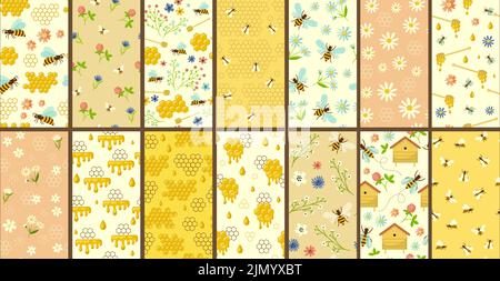 Bienenmuster. Bienenhaus Waben und Bienen Sammlung neuesten Vektor Cartoon nahtlose Hintergründe Stock Vektor