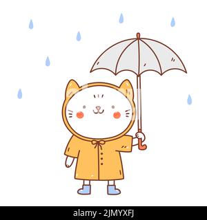 Niedliche Katze im gelben Regenmantel und Gummistiefel unter einem Regenschirm. Vektor-handgezeichnete Illustration im Kawaii-Stil. Perfekt für Karten, Print, T-Shirt, P Stock Vektor