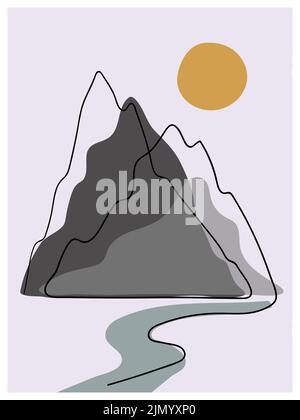 Wandkunst der Berglandschaft. Abstraktes, minimalistisches Poster mit Bergen und Sonne Stock Vektor