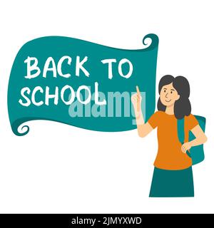 Mädchen zeigt auf Banner mit Schriftzug zurück in die Schule Stock Vektor