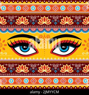Pakistanische oder indische LKW-Kunst Vektor nahtlose Muster mit Mädchen oder Frauen Augen, Blumen, Blätter und abstrakte Formen Stock Vektor
