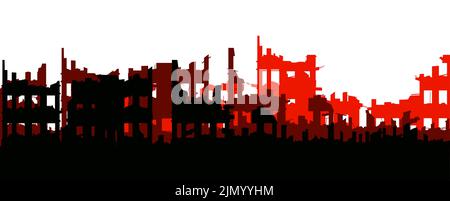 Ausgebrannte Stadt. Die Stadt ist ruiniert. Die Innenstadt wurde zerstört. Apokalypse Natur oder Krieg. Isoliert auf weißem Hintergrund. Traurige Landschaft der Zerstörung. Vektor. Stock Vektor