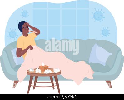 Mann, der zu Hause an Erkältung leidet 2D Vektor isolierte Illustration Stock Vektor