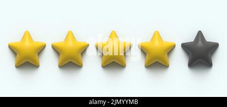 Glänzend gelb mit 3D 4 Sternen. 3D Bild rendern. 4 Sterne von 5. Goldene Sternform. Messung der Servicequalität. Rangierungssystem, Überprüfungssymbol Stock Vektor