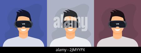 Männlicher Charakter mit Virtual-Reality-Gerät. Metaverse, VR, Zukunft, Gadgets, Technologie, Bildung online, Bildung, Videospiel-Konzept. Vektor-Illus Stock Vektor