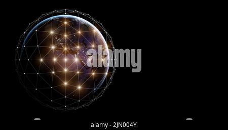 Globale Technologiedaten im Hintergrund des World-Map-Banners. 3D Computernetzwerk, das den Planeten Erde abdeckt. 5G, Navigation, Internetkonzept. Elemente dieses Bildes wurden von der NASA eingerichtet. Hochwertige 3D-Illustration