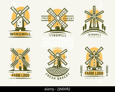 Windmühle-Logo. Ländliche Bauernhof oder Bäckerei Produktion Etiketten und Abzeichen Vorlagen mit Weizen und Windmühle Gebäude jüngsten Vektor stilisierte Bilder gesetzt Stock Vektor