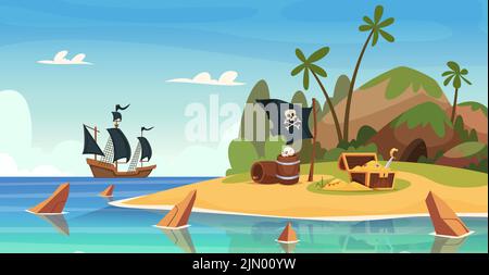 Piratenschatz Hintergrund. Schlachtschiff mit Filibustern Piraten Waffen genaue Vektor-Cartoon-Illustration Stock Vektor