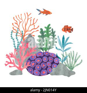 Farbenfrohe Korallenriffszene mit Meeresfischen. Vektor Aquarell marine Illustration Stock Vektor