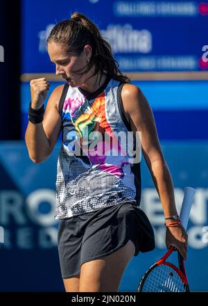 07. August 2022 San Jose, CA USA Daria Kasotkina reagiert, nachdem sie während des Mubadala Silicon Valley Classic Finals zwischen Daria Kasotkina (RUS) gegen Shelby Rogers (USA) einen Punkt gewonnen hat. Daria gewann das Finale an der San Jose State University, San Jose Calif. Thurman James/CSM Stockfoto