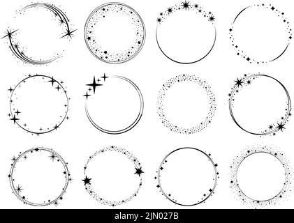 Sterne runden Rahmen, Kreis Urlaub Kranz. Schwarz glänzende funkelnde Ringe, Sternenlogo-Set. Dekoration zu Weihnachten, Neujahr, Geburtstag oder Hochzeit. Rassige Magie Stock Vektor