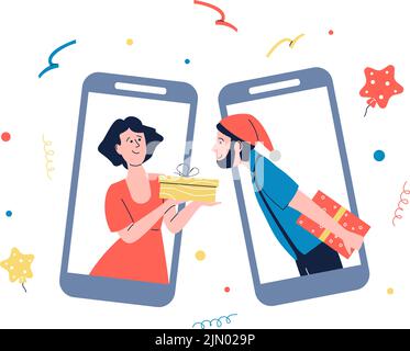 Paar feiern weihnachten online. Gemeinsame Feiertage, Videoanruf per Telefonfeier. Freunde, Familie oder Freund digitale Party, aktuelle Vektor Stock Vektor