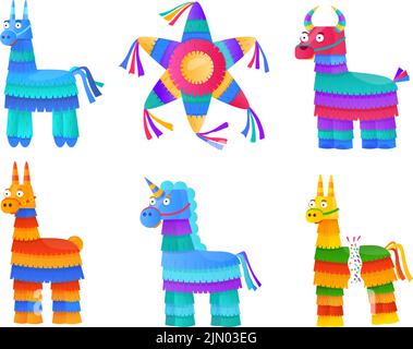Cartoon-Pinata. Bunte mexikanische Spielzeug, Pinatas mexiko Karneval Kinder Geburtstag Papier Behälter Süßigkeiten Süßigkeiten Party Kind Feier Fiesta, flache Symbol Vektor Illustration von mexikanischen Pinata Spielzeug Stock Vektor