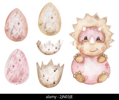 Aquarell Pink Baby Dinosaurier Illustration, niedliche Tier Cliparts und Dino Eier für Kinderzimmer und Baby Dusche Stockfoto