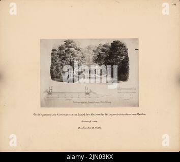 Orth August (1828-1901), Umsetzung der Zimmerstraße durch den Garten des Kriegsministeriums, Berlin (1886): Perspektivische Ansicht mit der Umgebung, Längsschnitt, Querschnitt, Maßstabsbalken. Foto auf Karton, 33,4 x 39,4 cm (inklusive Scan-Kanten) Orth August (1828-1901): Durchführung der Zimmerstraße durch den Garten des Kriegsministeriums, Berlin Stockfoto