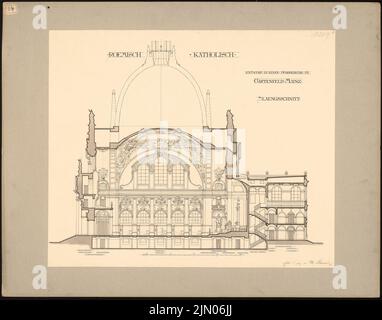 Schmalz Otto (1861-1906), Pfarrkirche im Gartenfeld, Mainz (1889-1889): Längsschnitt. Tinte auf Papier, 64,6 x 82,3 cm (inklusive Scankanten) Schmalz Otto (1861-1906): Pfarrkirche im Gartenfeld, Mainz Stockfoto