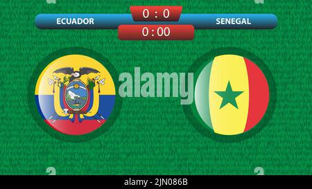 Vorlage für die Anzeigetafel Ecuador vs Senegal für das Fußballturnier 2022 in Katar. Gruppieren Sie Eine Übereinstimmung. Vektorgrafik. Sportvorlage. Stock Vektor