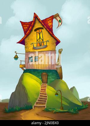 Stilisiertes Fantasy-Haus in einer bunten Landschaft. Digitale Illustration. Stockfoto