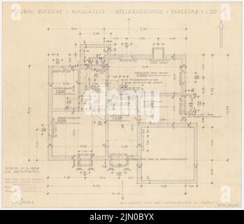 Böhmer Franz (1907-1943), Wohngebäude Boelicke in Berlin-Nikolassee (21. Juni 1934): Grundriß Keller 1:50. Bleistift auf transparent, 37,1 x 43,2 cm (inklusive Scankanten) Böhmer & Petrich : Wohnhaus Boelicke, Berlin-Nikolassee Stockfoto