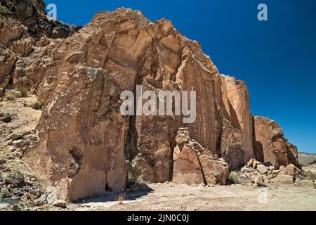 Petroglyph-Standort am Tuffaufschluss, White River Narrows Archaeological District, Valley of Faces, Basin and Range National Monument, Nevada, USA Stockfoto