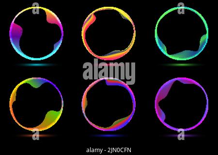 Set von leuchtenden Neon-Farbe Kreise runde Kurvenform mit welligen dynamischen Linien isoliert auf schwarzem Hintergrund Technologie-Konzept. Runder Leuchtrahmen Stock Vektor