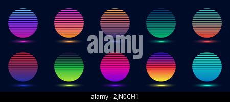 Set von Abzeichen abstrakten Gradienten bunte Kreise isoliert auf dunklem Hintergrund Retro 70s 80s Stil. Rundes Objekt Neonfarben Elemente Vintage-Stil. Vec Stock Vektor