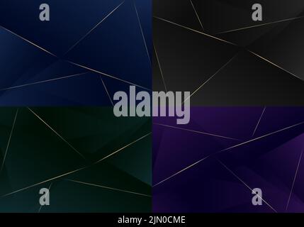 Set von abstrakten Luxus-Dreiecken mit niedrigen Polygonen und goldenen Linien im Hintergrund. Vektorgrafik Stock Vektor