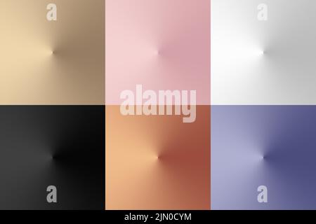 Set aus 3D konischen goldenen, rosafarbenen, weißen, schwarzen, kupfernen, Lila Farbverlauf radialen Hintergrund Luxus-Stil. Kollektion eleganter Hintergrund für cosme Stock Vektor