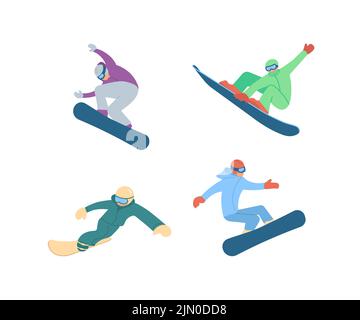 Set von Snowboardern mit Tricks isoliert auf weißem Hintergrund. Flache Grafik Als Vektorgrafik Stock Vektor