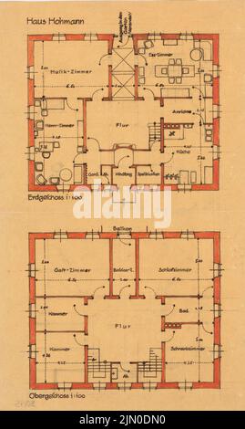 Rüster Emil (1883-1949), Haus Hohmann (ohne Datum): Grundrisse EG OG 1: 100. Tusche und Farbstift auf Transparent, 35,4 x 21,1 cm (inklusive Scankanten) Rüster Emil (1883-1949): Haus Hohmann Stockfoto