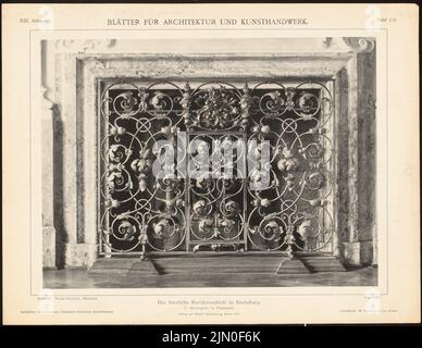 Brochier Franz, Fürstenhaus, Bückeburg. (Aus: Blätter für Architektur und Kunsthandwerk, 13. Jahr, 1900, Tafel 118.) (1900-1900): Blick auf den Grill in der Pracht. Leichter Druck auf Papier, 26,7 x 34,6 cm (inklusive Scankanten) Brochier Franz : Fürstliches Residenzschloss, Bückeburg. (Aus: Blätter für Architektur und Kunsthandwerk, 13. Jg., 1900, Tafel 118) Stockfoto
