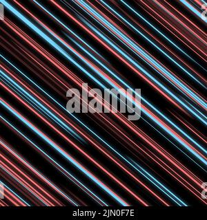 Diagonal Striped Glowing Lines Neonstreifen mit hellen, farbenfrohen, abstrakten Bewegungs- und Geschwindigkeitslinien auf schwarzem Hintergrund für Tapeten Stockfoto