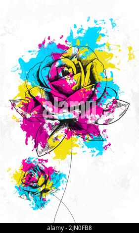 Aquarell abstrakte Malerei blau, rosa, gelb, moderne Kunst Stockfoto