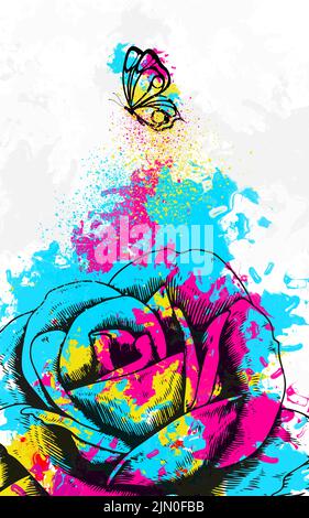 Aquarell abstrakte Malerei blau, rosa, gelb, moderne Kunst Stockfoto