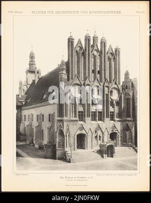 N.N., Rathaus, Frankfurt/oder. (Aus: Blätter für Architektur und Kunsthandwerk, 18. Jahr, 1905, Tafel 112.) (1905-1905): Blick nach Südwesten. Leichter Druck auf Papier, 34,5 x 26,9 cm (einschließlich Scankanten) N.N. : Rathaus, Frankfurt/Oder. (Aus: Blätter für Architektur und Kunsthandwerk, 18. Jg., 1905, Tafel 112) Stockfoto