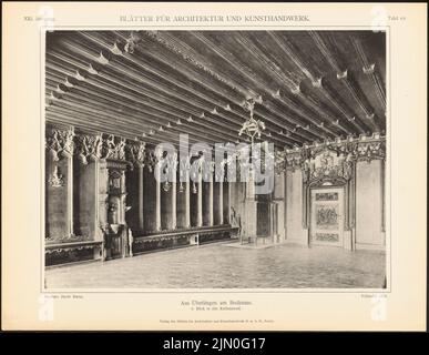 N.N., Rathaus, Überlingen. (Aus: Blätter für Architektur und Kunsthandwerk, 21. Jahr, 1908, Tafel 69.) (1908-1908): Innenansicht Rathaus. Leichter Druck auf Papier, 26,6 x 34,3 cm (einschließlich Scankanten) N.N. : Rathaus, Überlingen. (Aus: Blätter für Architektur und Kunsthandwerk, 21. Jg., 1908, Tafel 69) Stockfoto