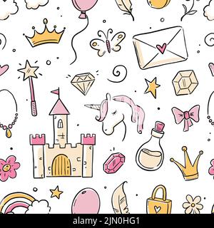 Handgezeichnetes Prinzessin Doodle nahtloses Muster. Beauty-Muster mit niedlichen Mädchen Prinzessin Accessoires, Fee Einhorn, Schloss. Doodle Hintergrund, Tapete. Vektorgrafik. Stock Vektor