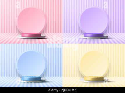 Set von 3D realistische rosa, lila, blau, gelb und weiß Podium Studio Bühne und Kreis Hintergrund für Schaufenster mit vertikalen Linien Muster pe Stock Vektor