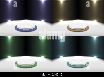 Set von 3D realistische Produkt-Display weiß und blau, lila, gelb, grün Podium mit glänzend lila Hintergrund auf dem Boden sauber Bühne Hintergrund minimal st Stock Vektor